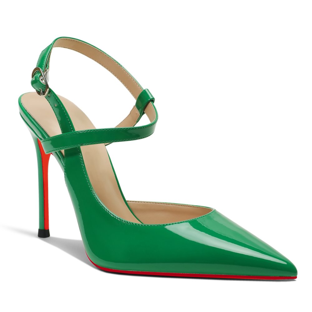 100mm Women Slingback Pumps Ankle Strap Jenlove Stiletto Mid Heel Close Pointed Toe Dress Red Bottoms Shoes-MERUMOTE