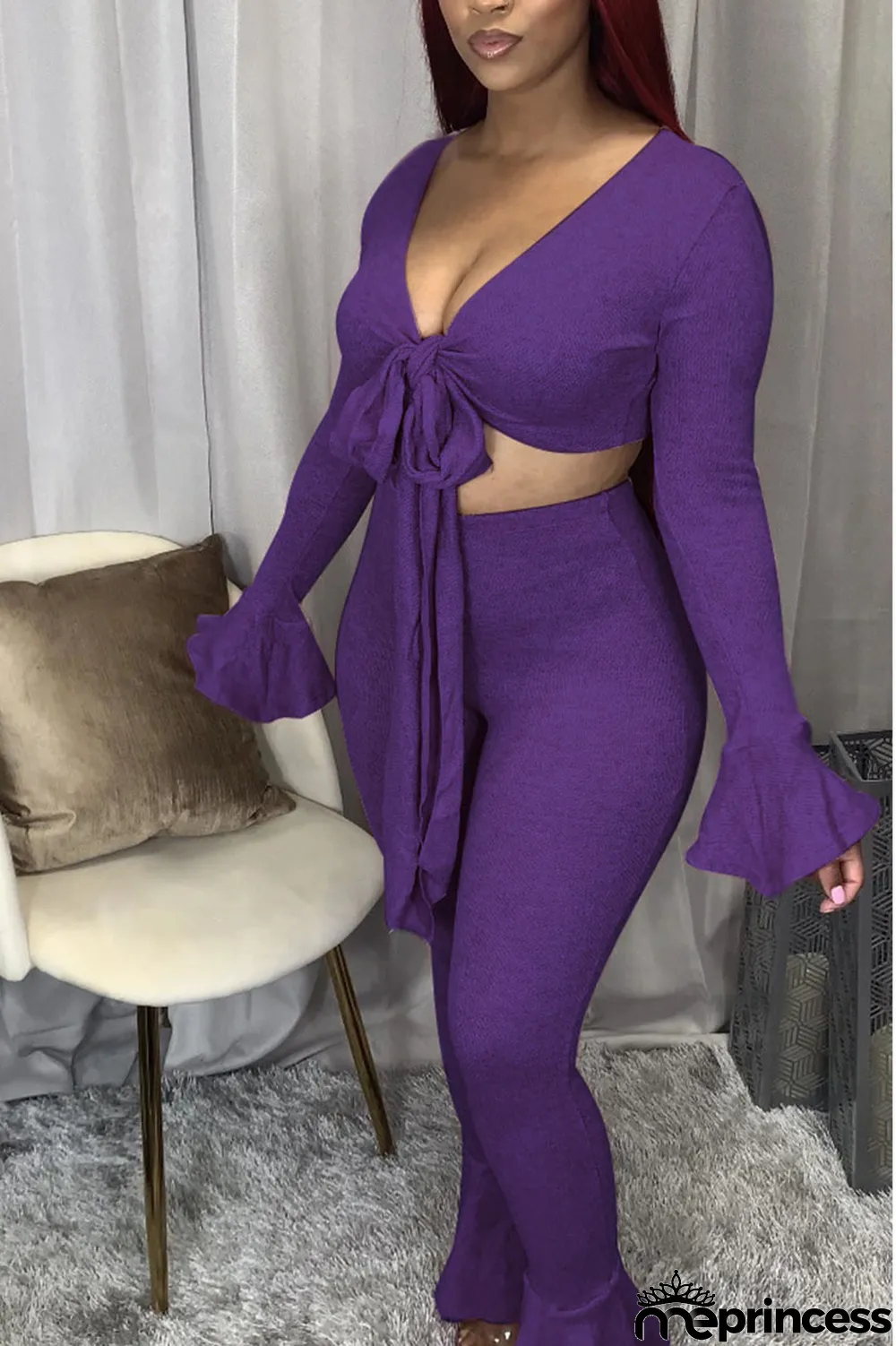 Red Casual Solid V Neck Long Sleeve Flare Sleeve Short Two Pieces