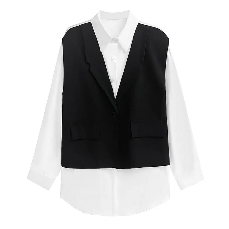 Vintage Fake Two-piece Vest Splicing Long Sleeve Shirt - yankia