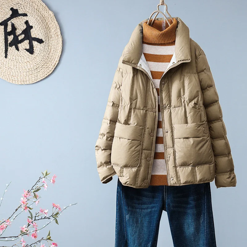 Woherb Light Down Jacket Female Winter New Standing Collar Loose White Duck Velvet Coat Women's Korean Version Warm Light Tide-Outfit Ideas