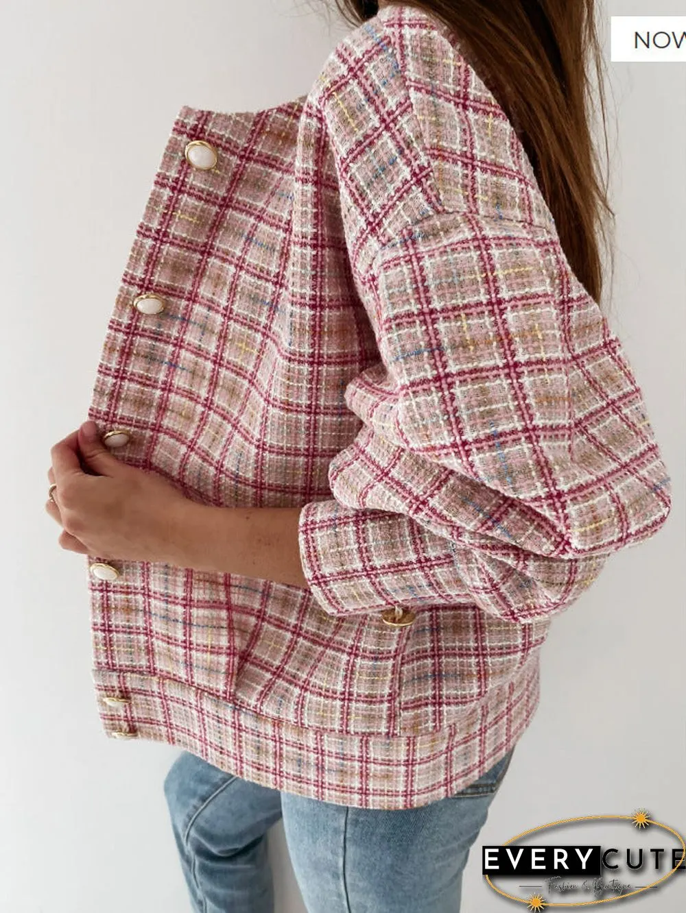Round Neck Plaid Button Down Blouse Top