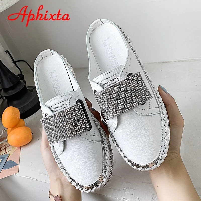 Aphixta Luxury Crystals Half Slippers Women Leather Women's Shoes Outside Fashion Platform Slippers For Women