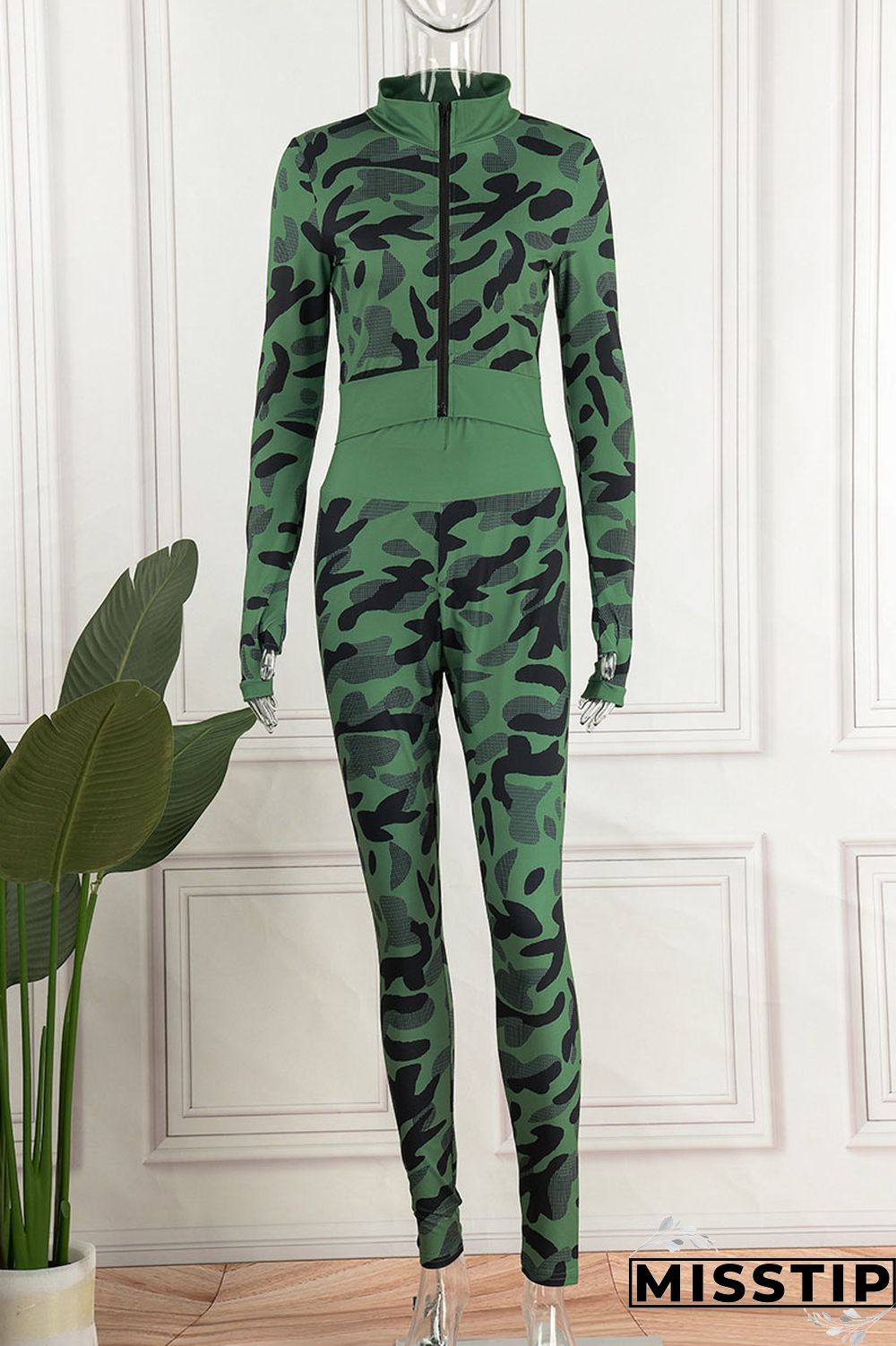 Blue Casual Camouflage Print Patchwork Zipper Long Sleeve Two Pieces