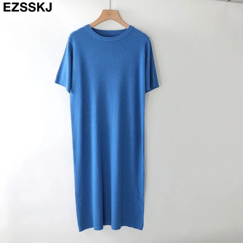 short sleeve straight spring autumn straight maxi sweater dress women o-neck long knit  dress elegant female loose knit dress