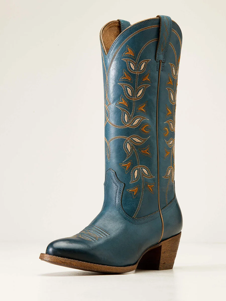 Teal Almond Toe Floral Embroidered Mid-Calf Cowboy Boots for Women