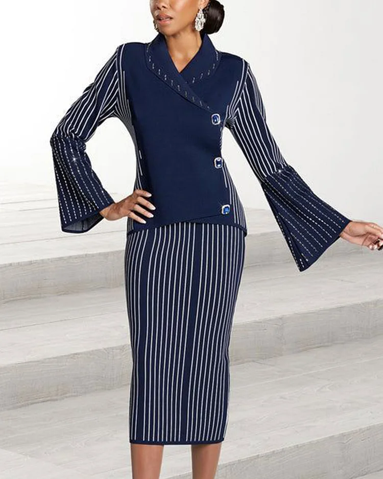 Elegant striped knitted cardigan and skirt two-piece set