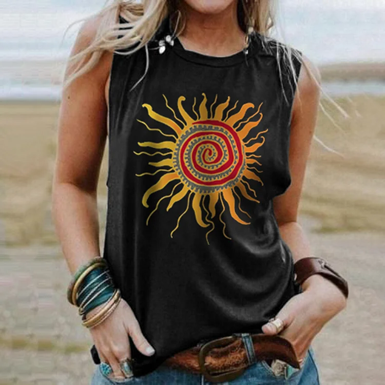 Vintage Crew Neck Sun Print Sleeveless Tank Top