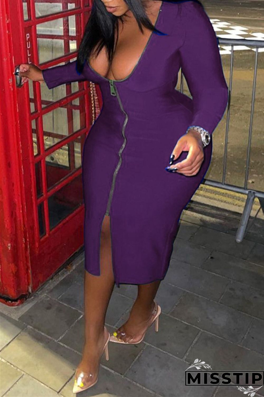 Black Fashion Casual Solid Zipper V Neck Long Sleeve Plus Size Dresses