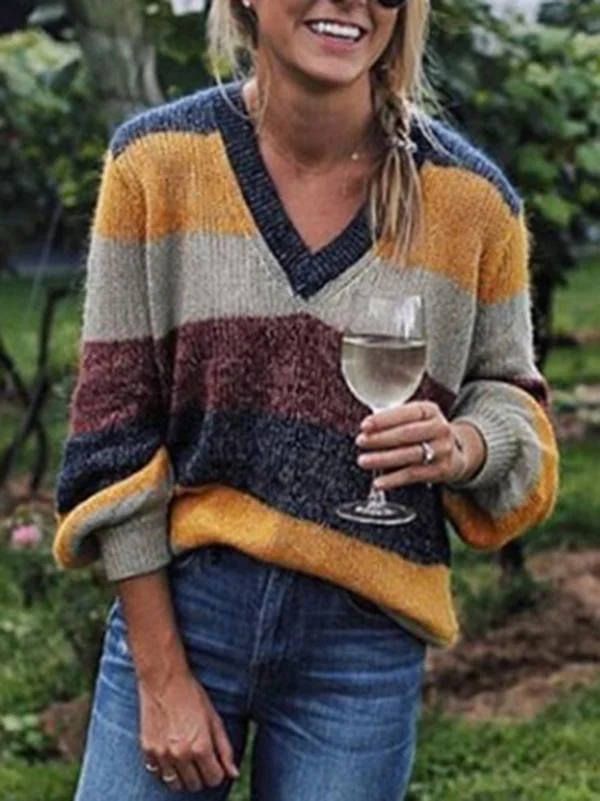 V-Neck Knitting Striped Loose Sweater Tops