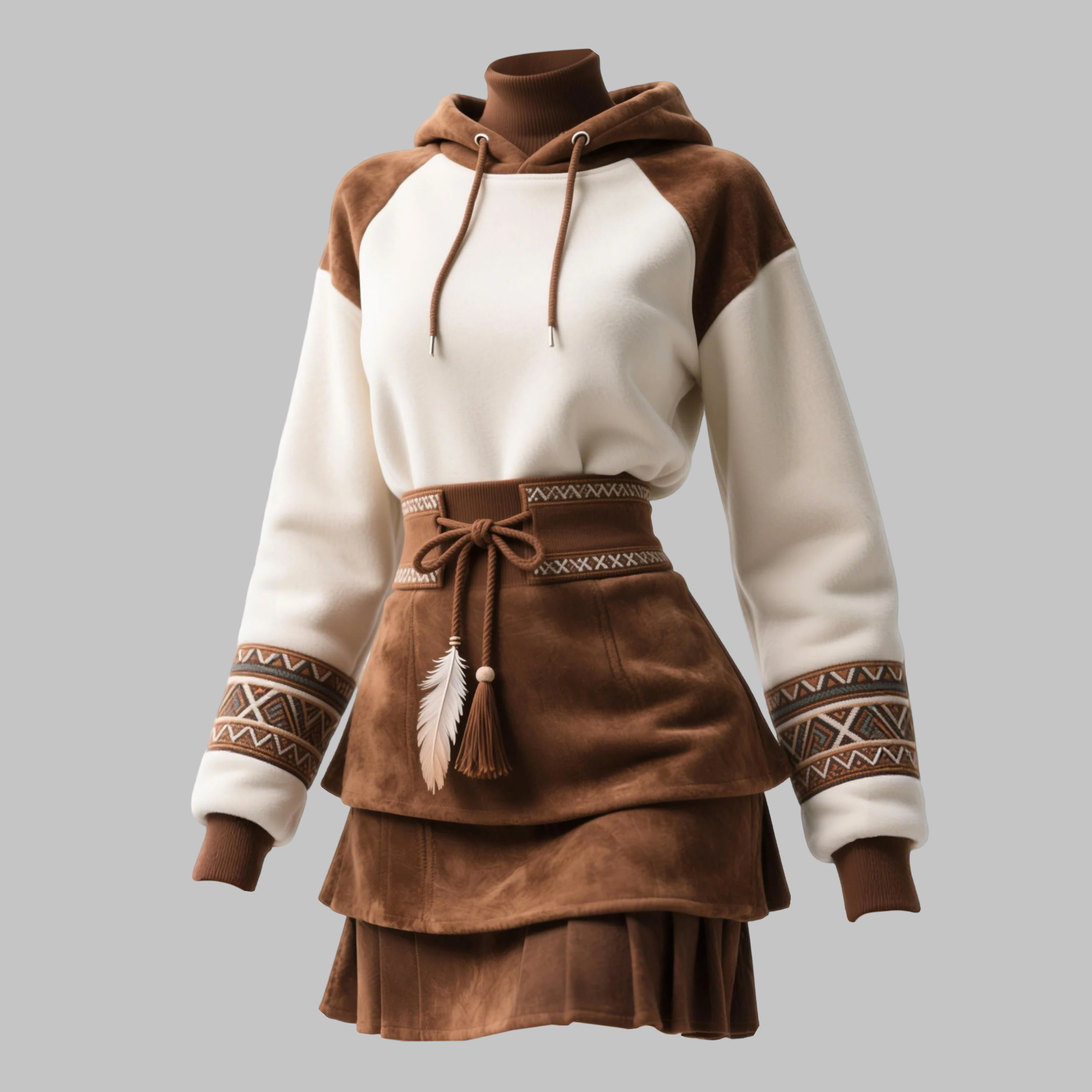 Women's Retro Ethnic Style Suede Color Block Patchwork Stand Collar Hooded Dress With Feather Tassels And Tie