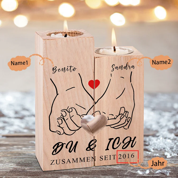 Kettenmachen Personalisierte 2 Namen & Jahr Kerzenhalter -Du & Ich- Hölzerne Kerzenständer Hochzeitstag Valentinstag Geschenke
