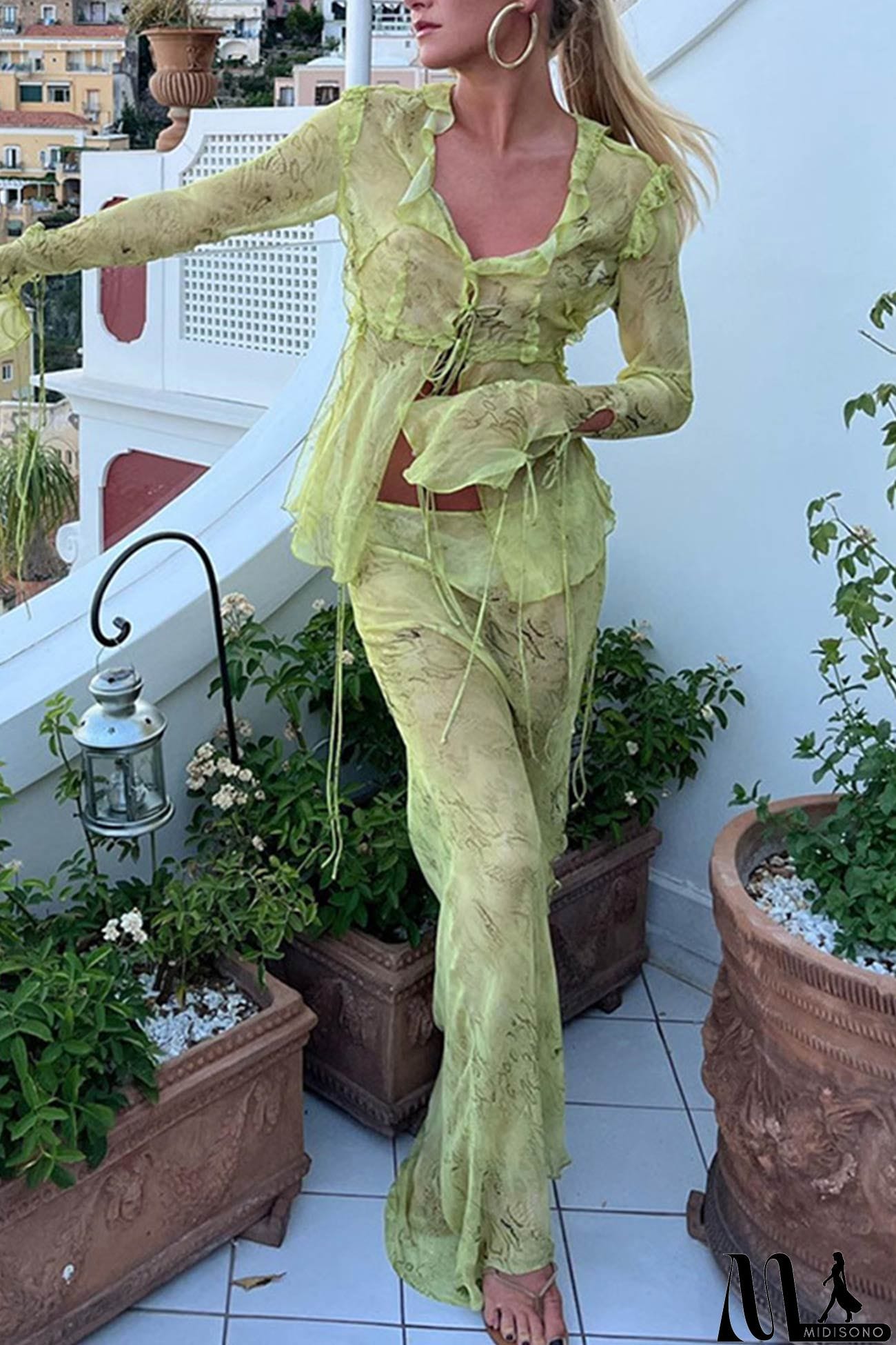 MidiSono - Mesh Printed Strappy Cardigan Skirt Suits