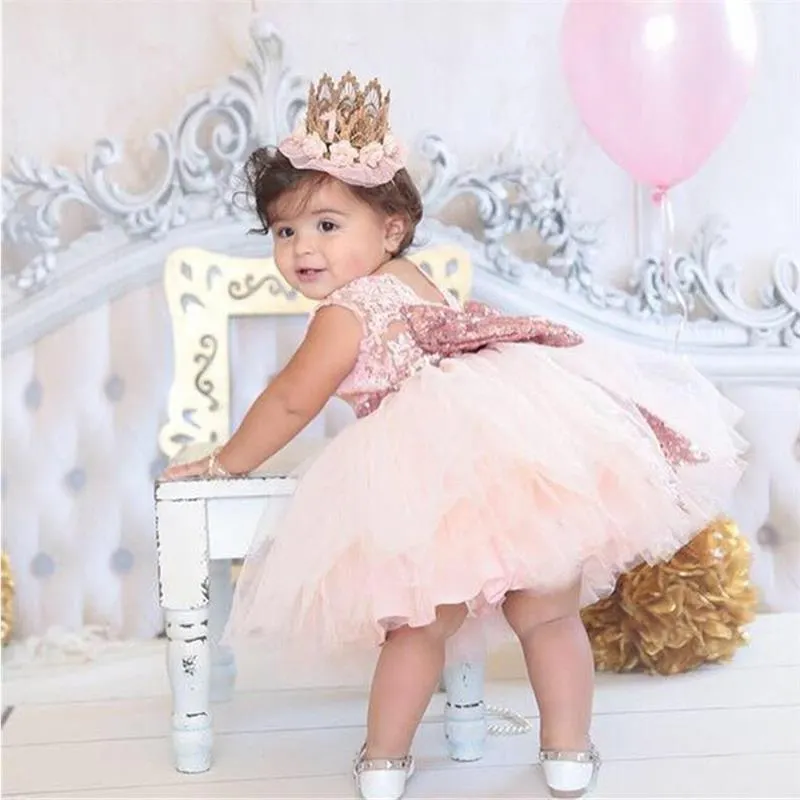New Summer Baby Girl Christening Gown Lace Sequined Dresses Fashion Newborn Girls Clothes 1 2 Years Birthday Clothes Party Dress