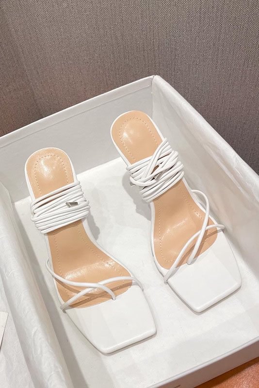 Narrow Band Square Toe Cross Strap V-Shape Cutout High Heel Sandals