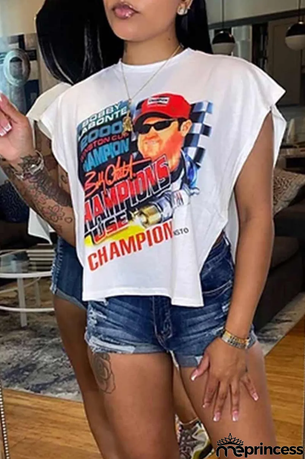 Rose Red Sexy Street Print Patchwork Slit Asymmetrical O Neck T-Shirts