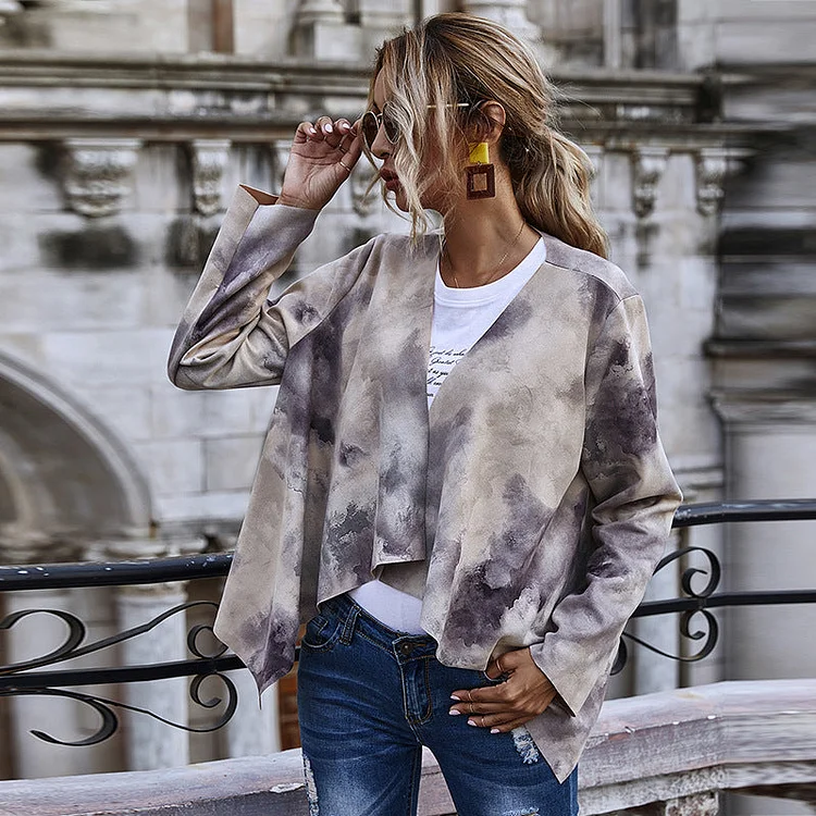 Women Sherpa Jacket Autumn Women Hepburn Suede Coat Women Printed Long-Sleeved Top