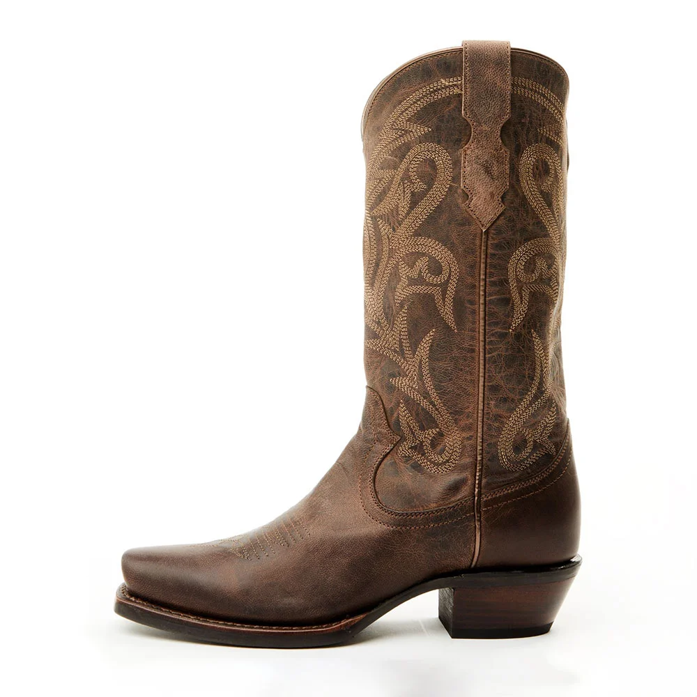 Brown Distressed Square Toe Chunky Heel Embroidered Cowgirl Boots