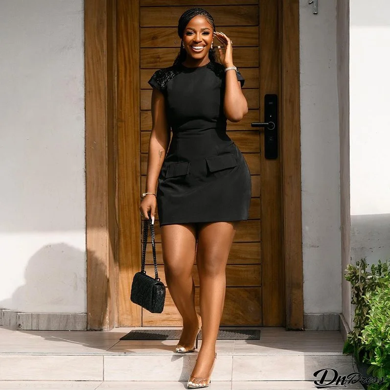Women's Summer Chic Sequin Slim Fit Short Sleeve Black Bodycon Dress
