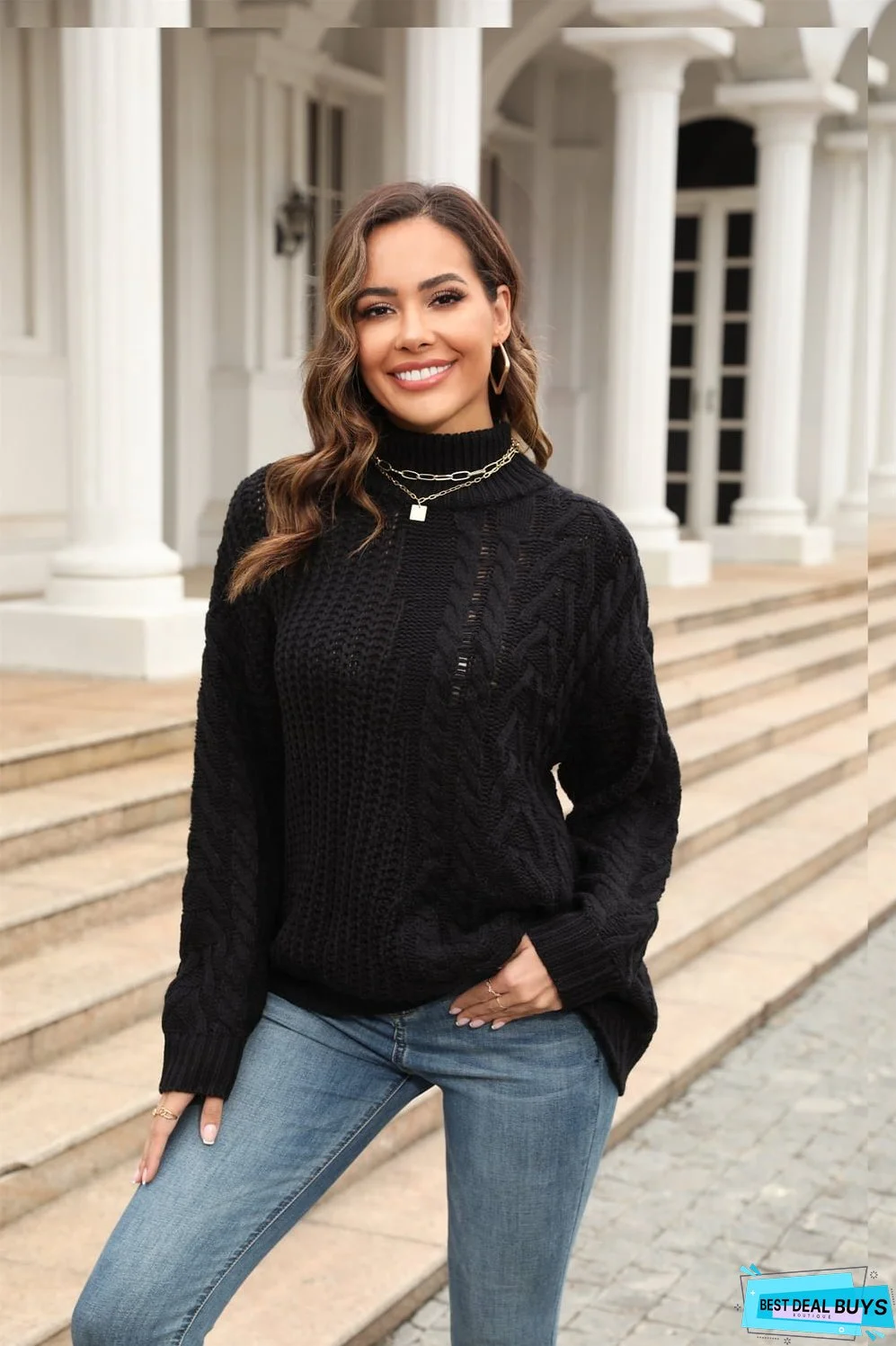 Cable-Knit Turtle Neck Long Sleeve Sweater