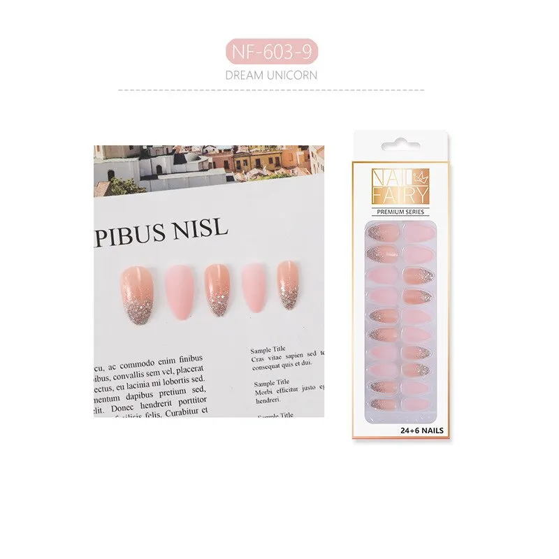 Fake Nails with Glue Metal Color False Nail Art Tips Press on Coffin Stick Designs Clear Set Full Cover Artificial Short Kiss-Nail Inspo