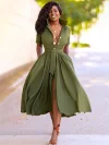 Women's A-Line Dress Midi Dress - Half Sleeve Split Summer Fall V Neck Hot Sexy Army Green Orange S M L XL-KZyou