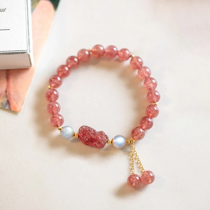 Natural Strawberry Quartz Moonstone PiXiu Love Healing Bracelet