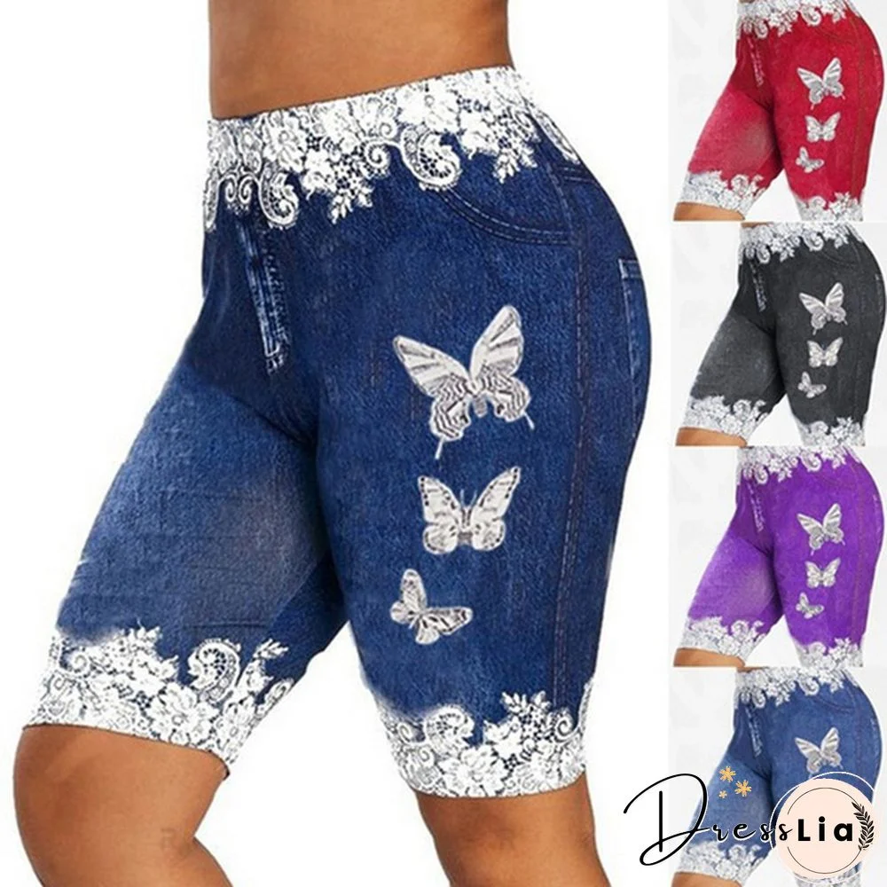 Women Fashion Skinny Butterfly Print Casual Jeggings Faux Denim Imitation Jean Shorts Pants Plus Size