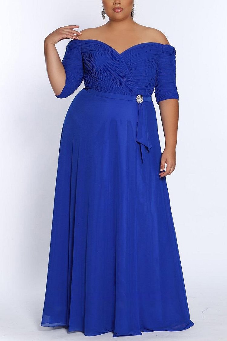 Xpluswear Plus Size Formal Royal Blue Off Shoulder Short Sleeve Maxi Dress