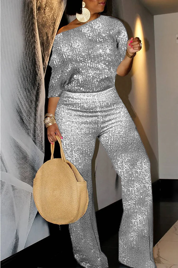 Plus Size Party Pant Set Silver Sequin Mid-Sleeves Oblique Collar Two ...