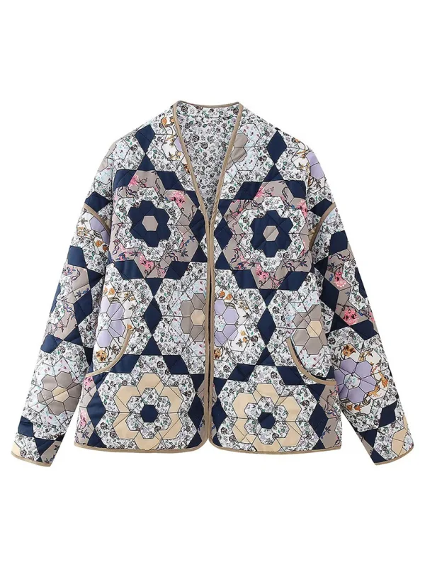 Women's Fashionable Flower Pattern Unbuttoned Reversible Quilted Jacket Flusfy