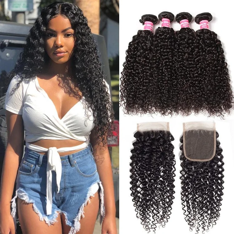 Indian Virgin Curly Hair 4 Bundles with 4*4 Lace Closure- Hair