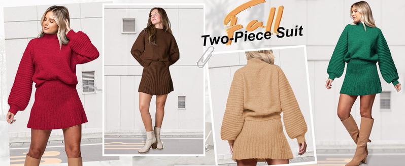 Imily Bela Women's 2 Piece Outfits 2025 Long Sleeve Mock Neck Ribbed Sweaters And Mini Skirt Two Piece Sets