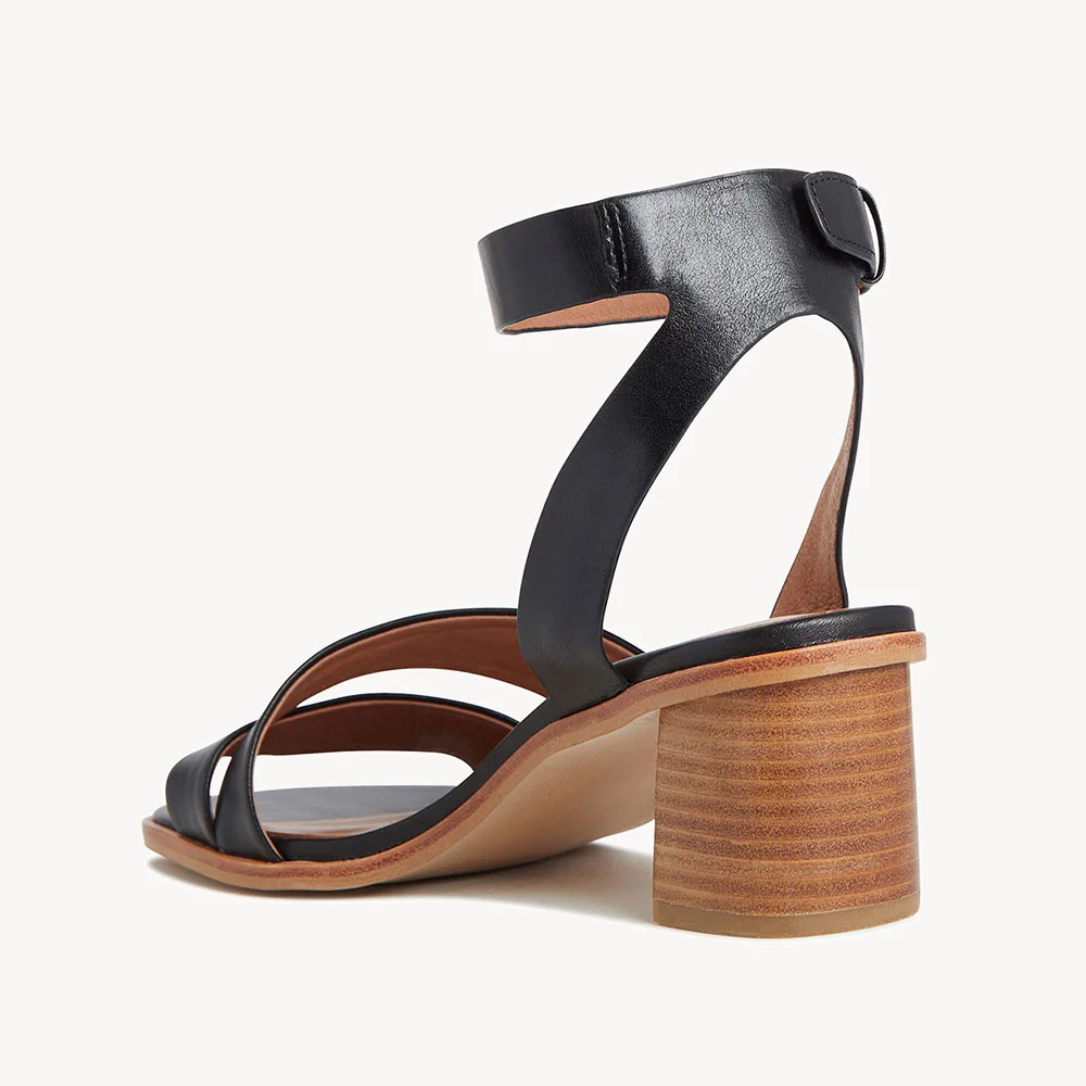Black Open Round Toe Buckled Ankle Strap Block Heel Sandals