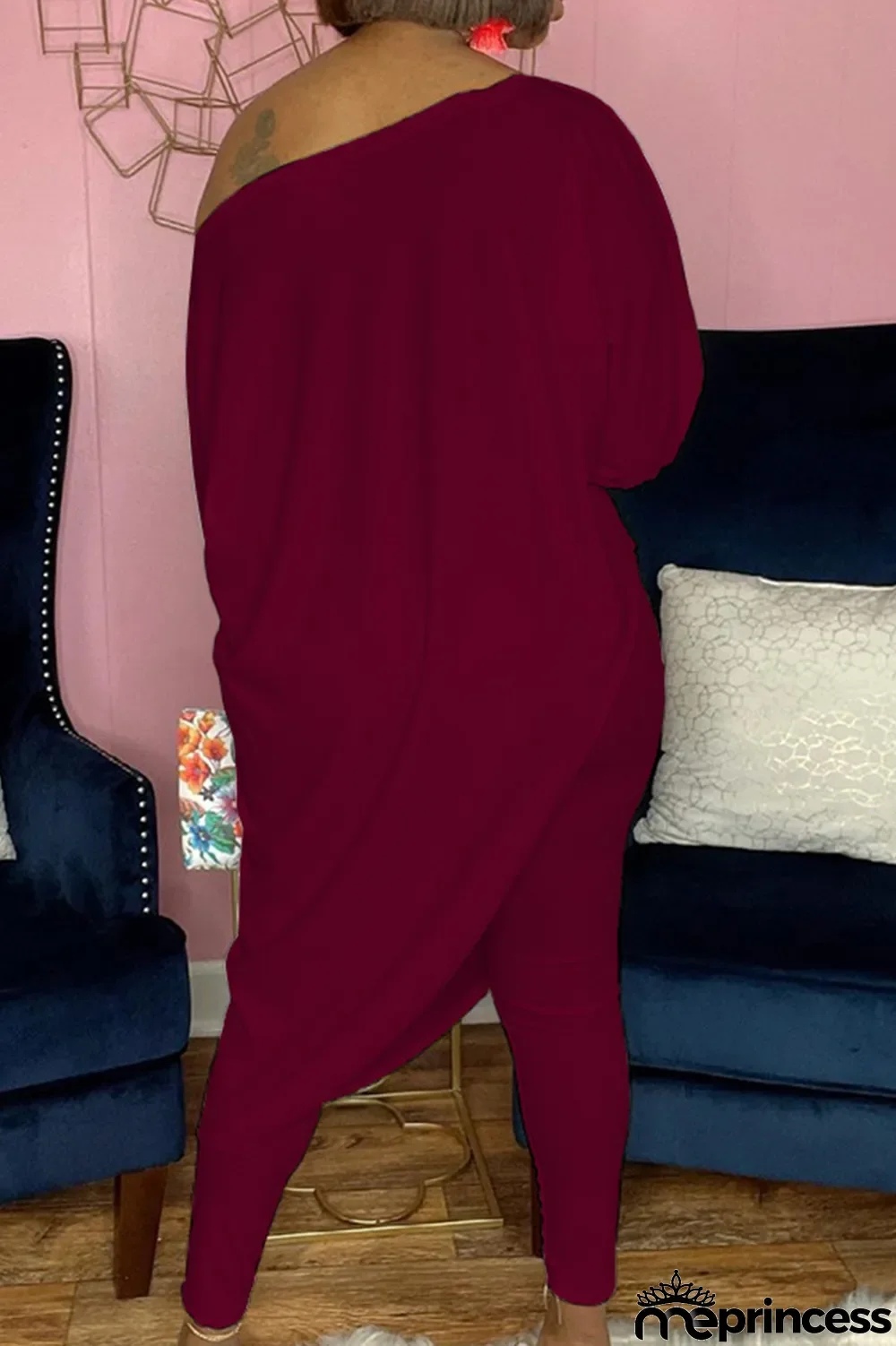 White Casual Print Split Joint One Shoulder Three Quarter Two Pieces