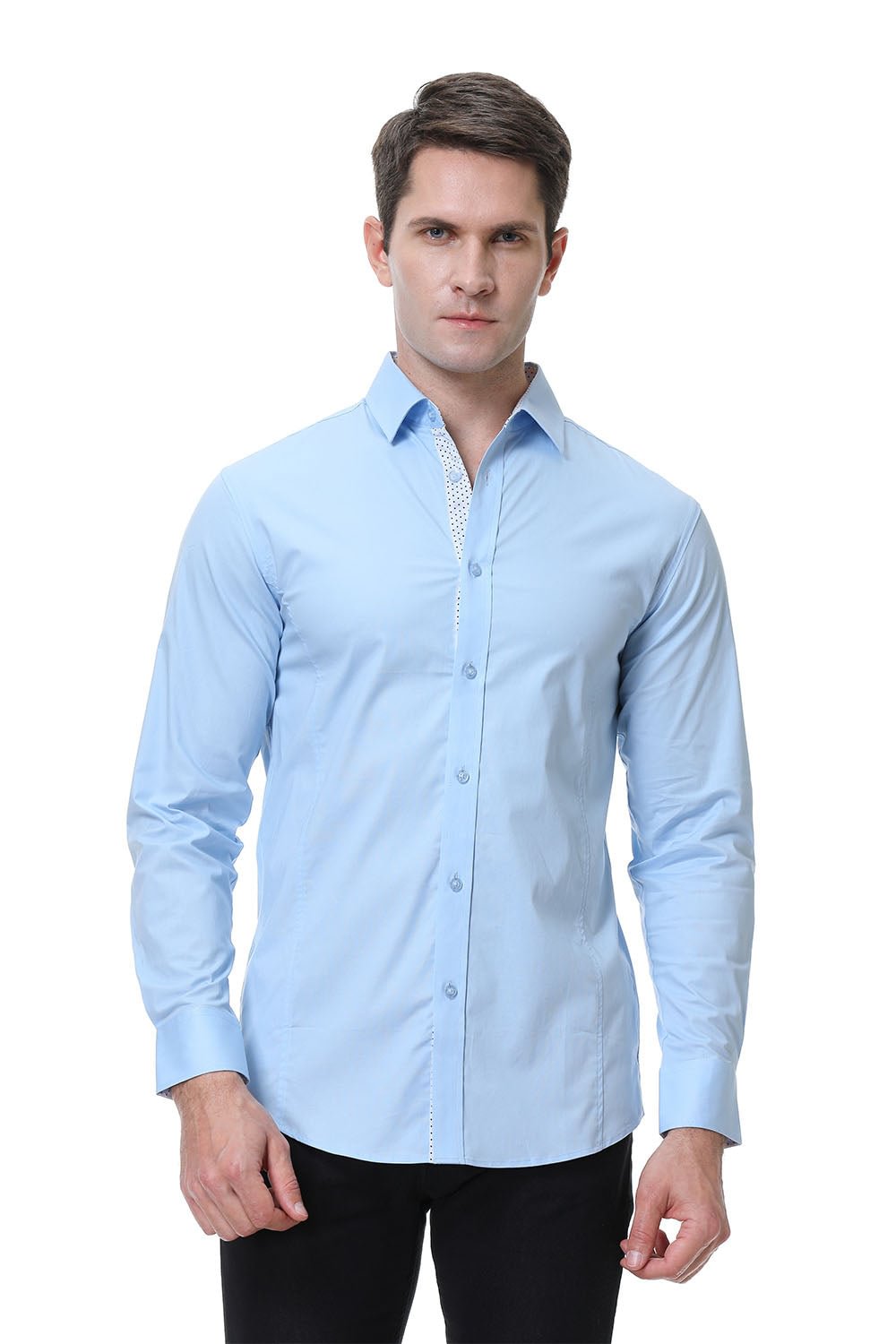 Men's Casual Long Cotton Stretch Shirt Lt Blue Alex Vando Fashion
