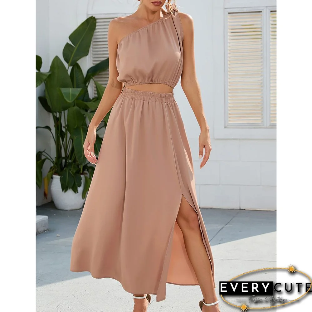 Khaki One-shoulder Crop with with Slit Maxi Skirt Set