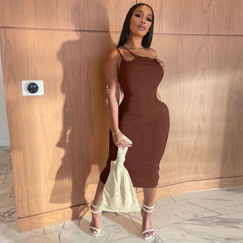Slant Shoulder Sleeveless Bodycon Dress Women Solid Plain Sling Slim Long Dress 2023 Fall  Party Club Fairy Clothes