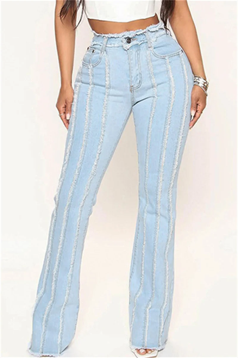 Light Color Casual Solid Patchwork Mid Waist Regular Denim Jeans | EGEMISS