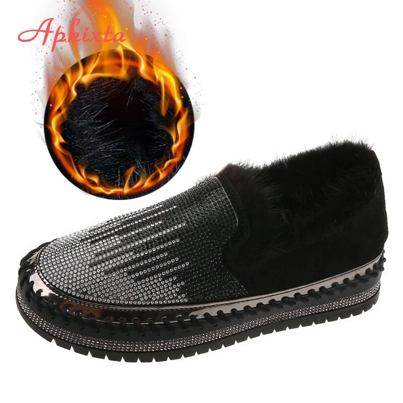 Aphixta 2020 Winter Warm Real Fur Women's Flats Hairy Shoes Loafers Fashion Female Mujer Zapatillas Thick Sole Casual Loafers