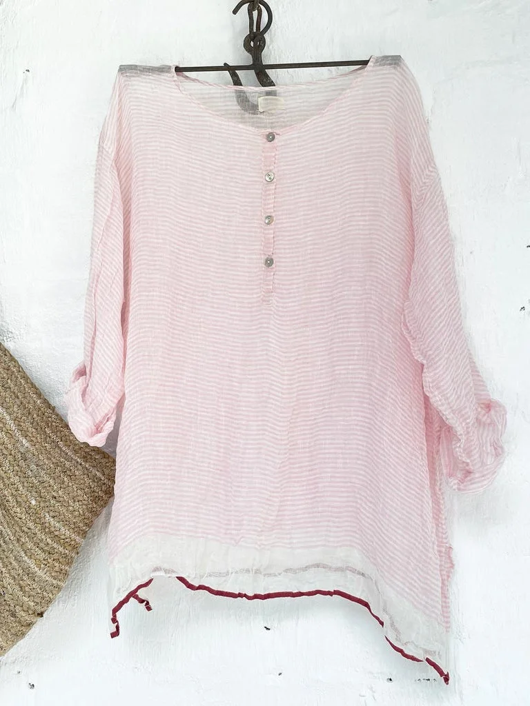 Casual Button Colorblock Stripe Linen Top