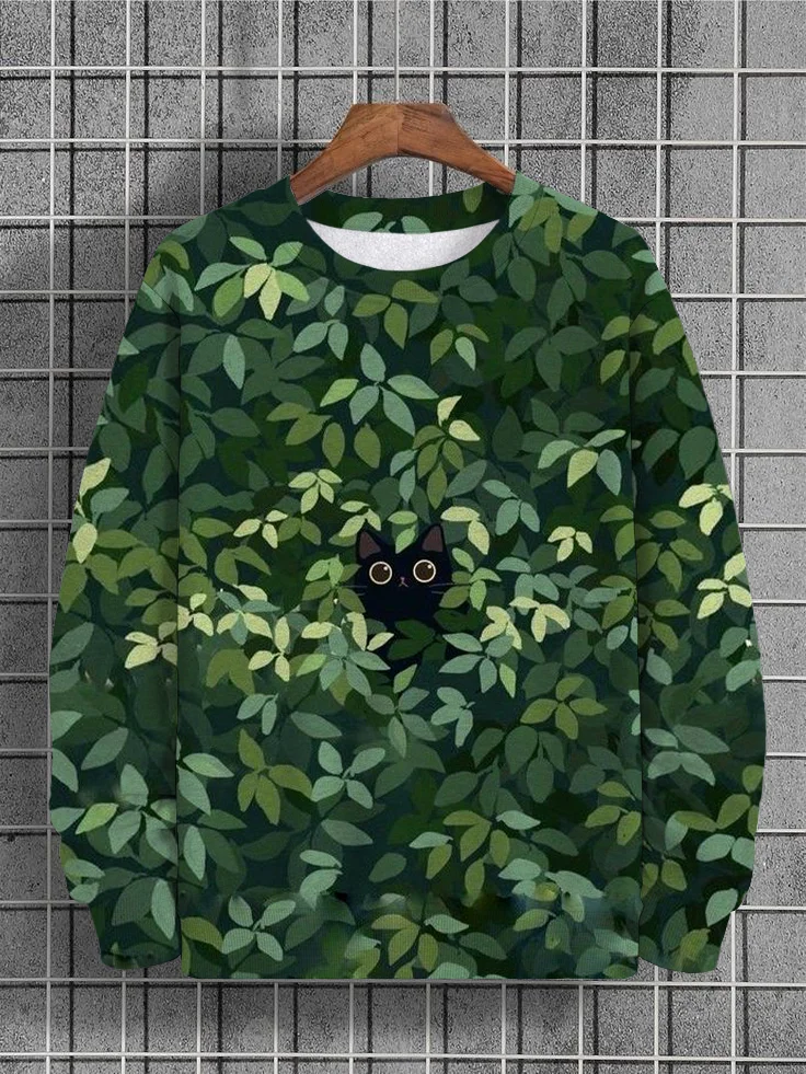 Men's Cute Black Cat Hiding Green Leaves Print Casual Sweatshirt