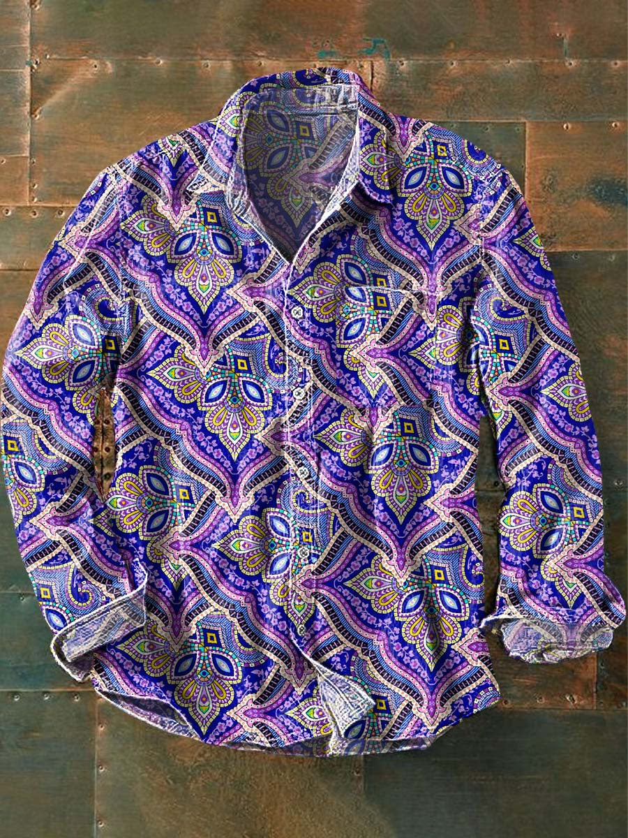 Men's Vintage Floral Print Lapel Long Sleeve Shirt