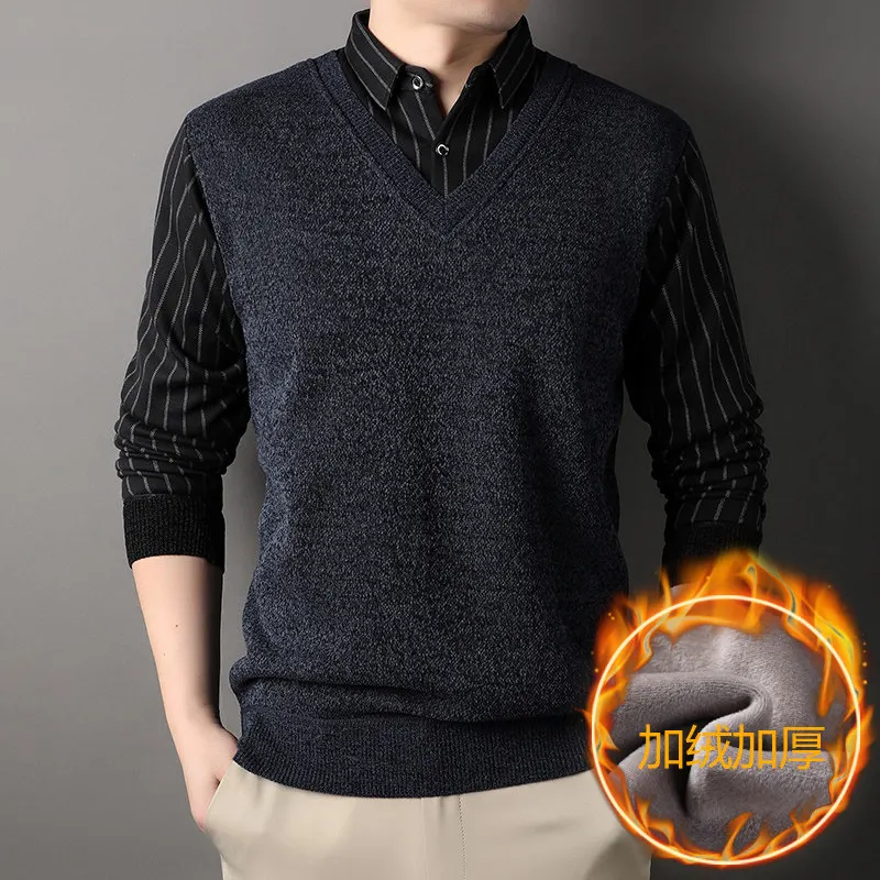 New Winter Men Casual Shirts Collar Sweaters Outwear Twinset Shirts Sweaters Knitted Pullovers Male Winter Fleece Sweaters 4XL