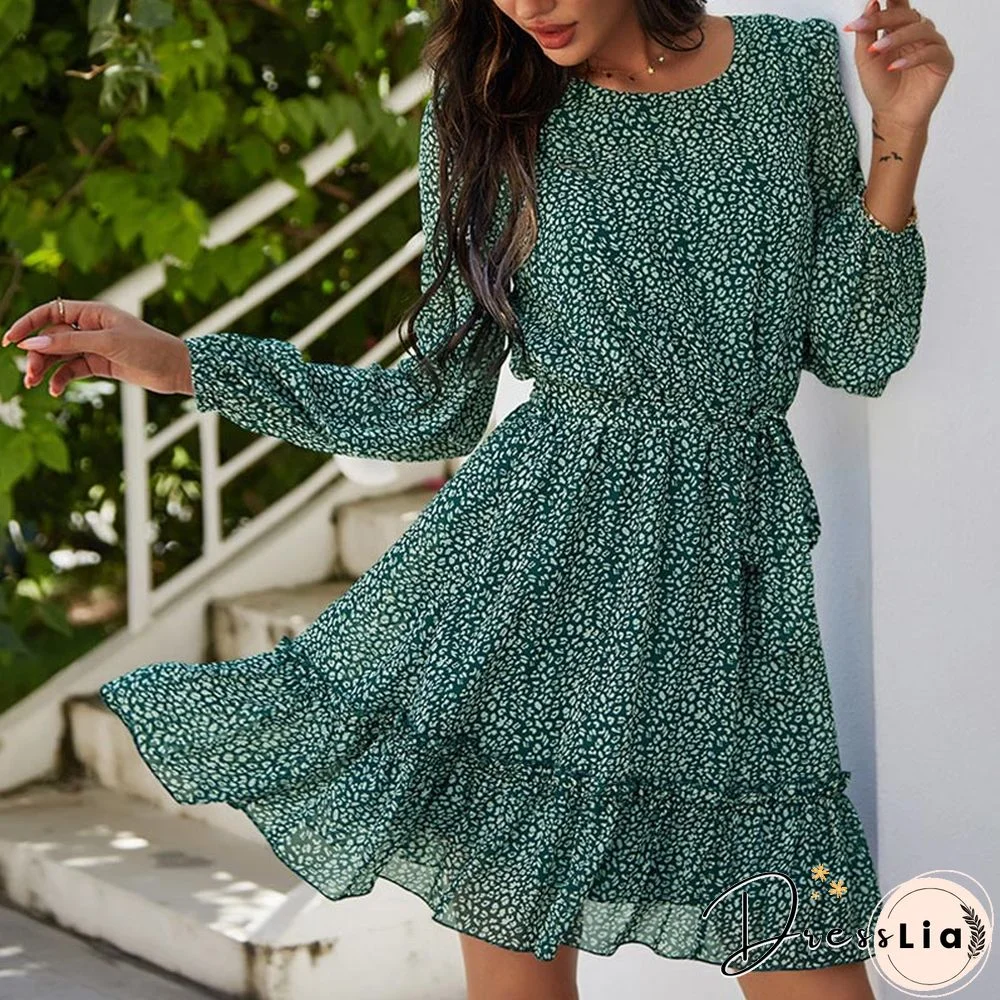 Floral Print Ruffled Summer Dress Women Elegant Long Sleeve Sashes Female Chiffon Dress Bohemian Spring Mini Dress