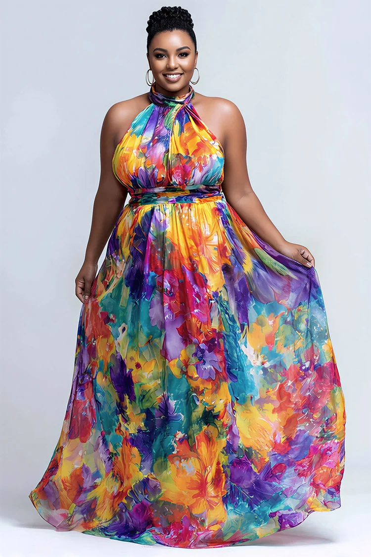 Xpluswear Design Plus Size Vacation Sundress Multicolor Floral Halter Collar Chiffon Maxi Dresses [Pre-Order] 2024 - Xpluswear