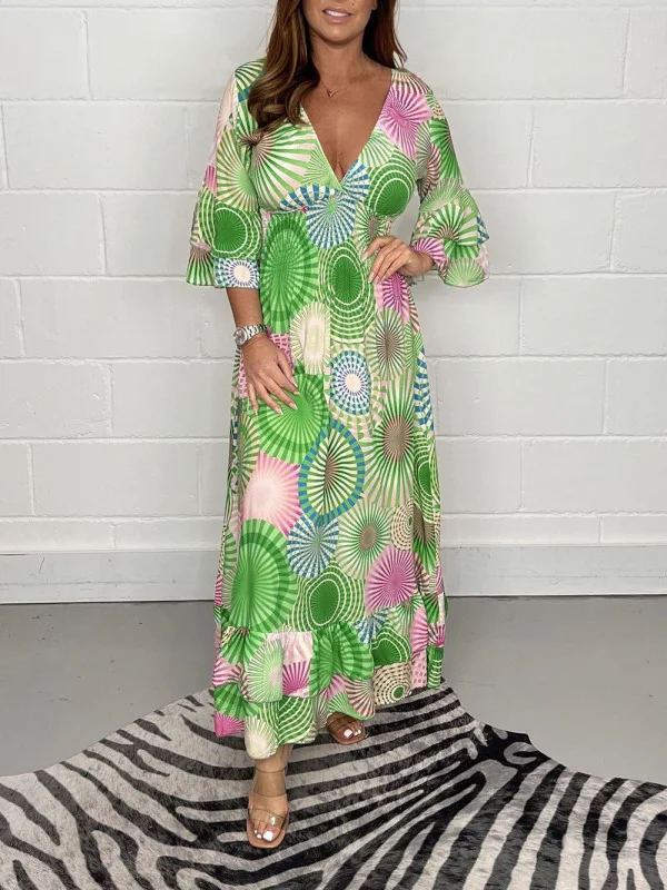 Green Abstract Printed Long Maxi Dress