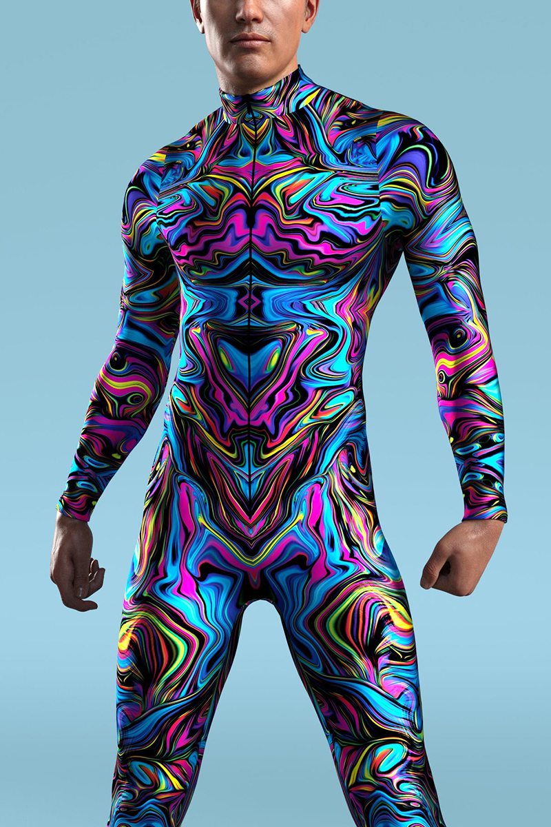 Ciciful Psychedelic Print Zipper Long Sleeve Slim Stretchy Festival Jumpsuit