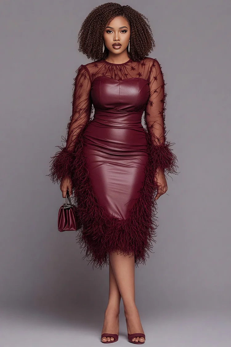 Xpluswear Design Plus Size Cocktail Party Burgundy Round Neck Long Sleeve Trimmings Elegant See Through Tulle PU Leather Midi Dresses [Pre-Order]