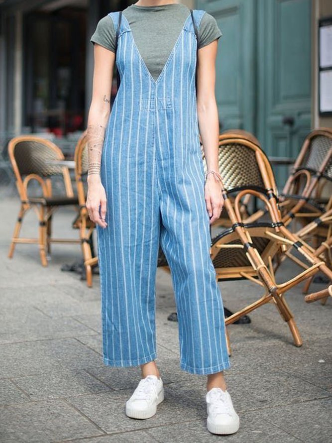 Blue Striped Sleeveless Cotton-Blend Pants