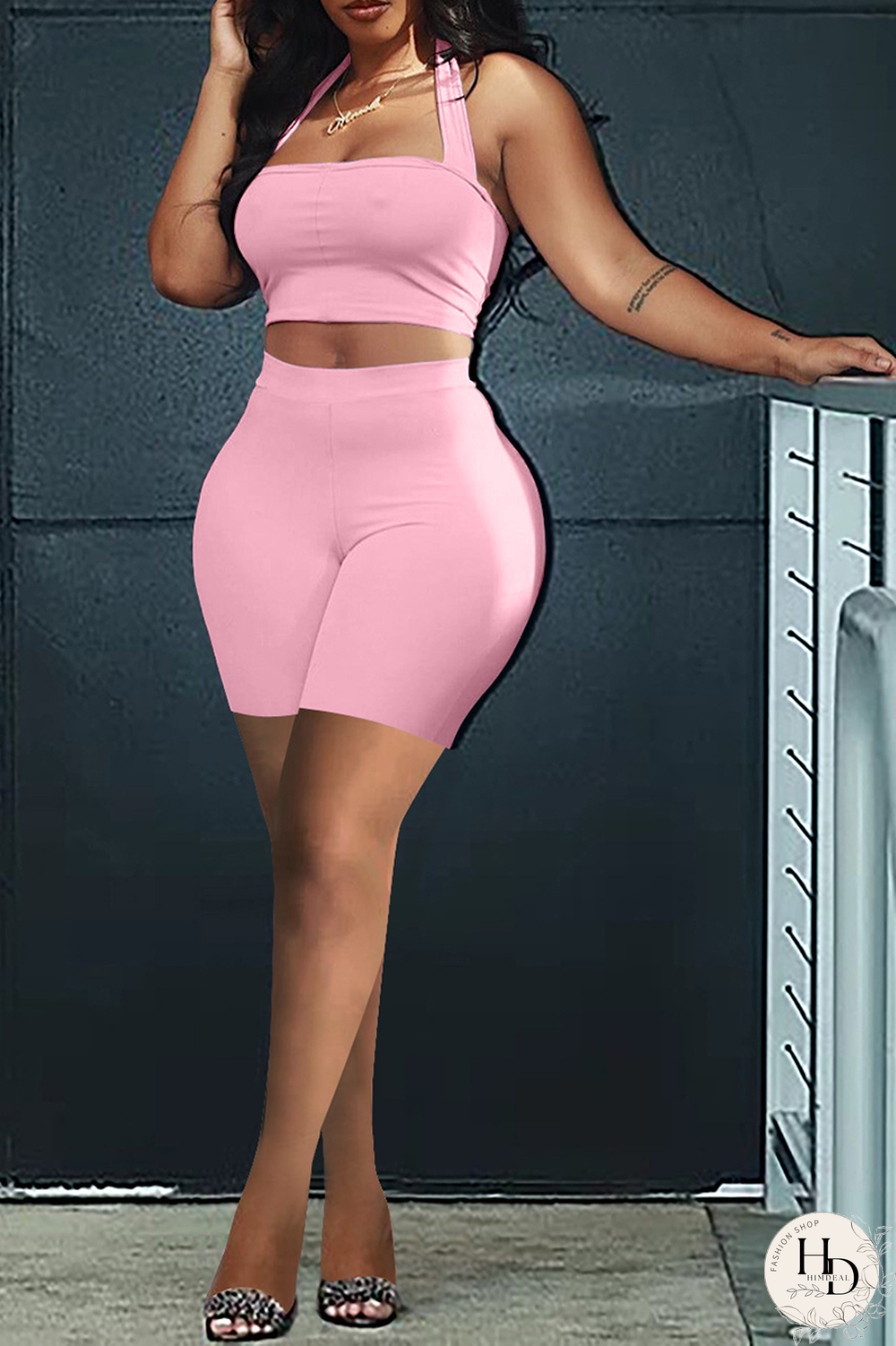 Rose Red Casual Solid Patchwork Halter Sleeveless Two Pieces